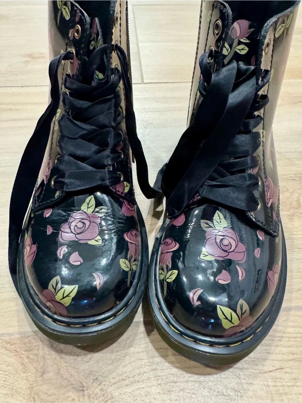 Dr. Martens Black Patent Lace-Up Boots with Pink Rose Print